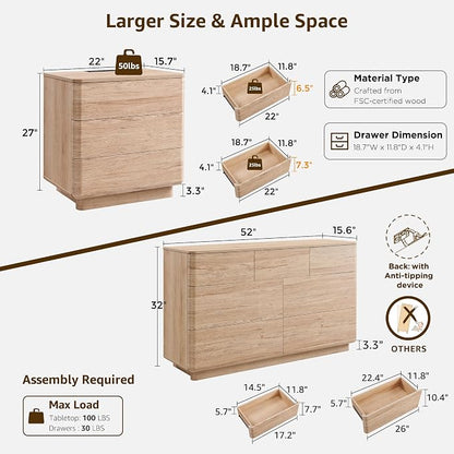 ACCOHOHO 3 Piece Bedroom Furniture Set, 7 Drawer Dresser & Two 22" Nightstands - Image 2