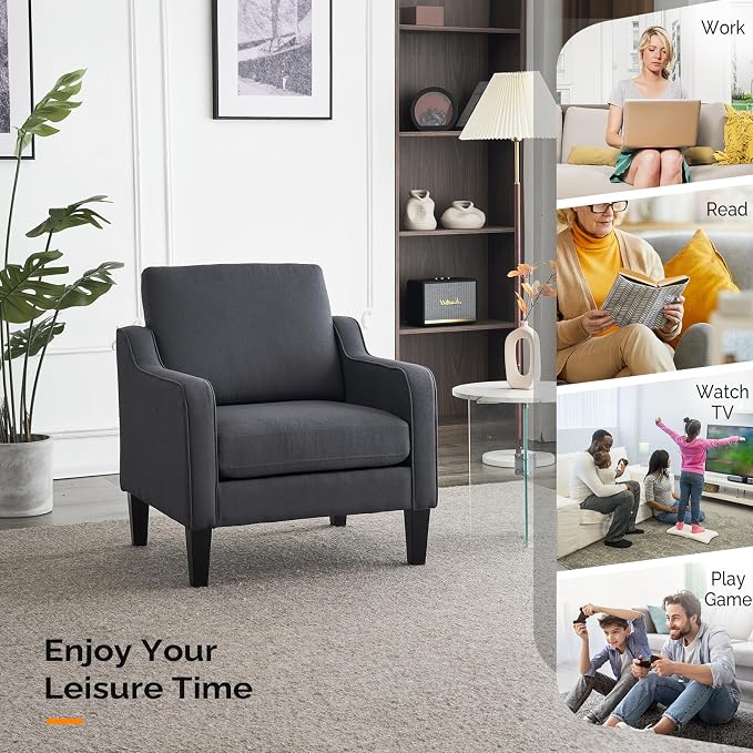 VINGLI Mid-Century Modern Accent Chair, Dark Grey Linen Upholstered, - Image 7