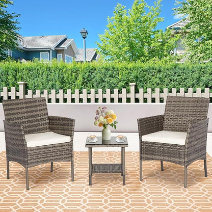 FDW 3 Piece Outdoor Furniture Set Patio Gray Wicker Chairs Furniture Bistro - Image 2