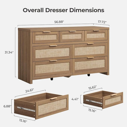 SICOTAS 7 Drawer Dressers for Bedroom Set 2, Long Rattan Dresser, Dresser TV - Image 3