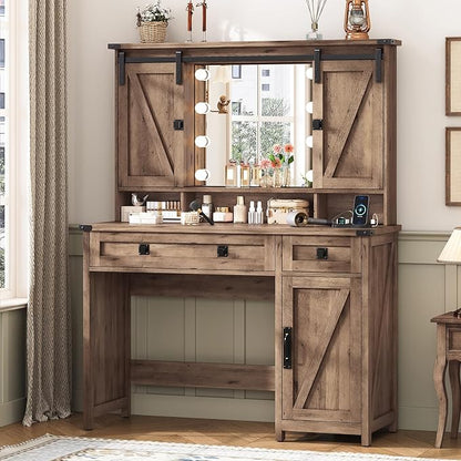 Farmhouse Vanity Desk with Mirror and Lights, Large Vanity Table with by MSMASK