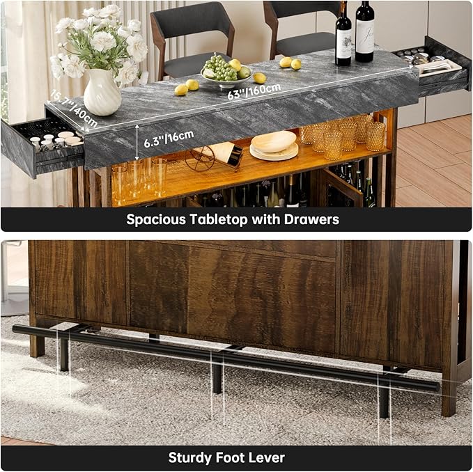 4-Tier Home Bar Unit, 63-Inch Wooden & Dark Gray Marble Bar Cabinet, LED Liquor - Image 7