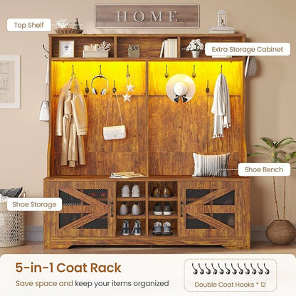 Itaar Hall Tree with Bench and Shoe Storage, 5-in-1 Entryway Bench with Coat - Image 3