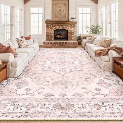 RELEANY Area Rugs 10'x14' Washable Non-Slip, Floral Vintage Distress Print by RELEANY