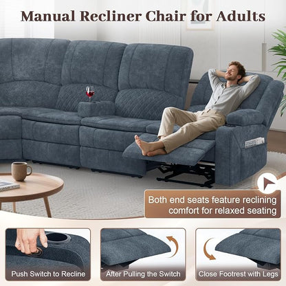 Yolsali Manual Reclining Sectional Sofa Set, 7 Seats Soft Fabric Recliner - Image 6
