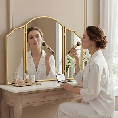 Besdomus Gold Scalloped Vanity Mirror: 36"x24" Large Modern Three Sided Dresser - Image 2