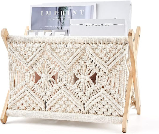 Mkono Macrame Magazine Rack Boho Storage Holder Standing Basket by Mkono