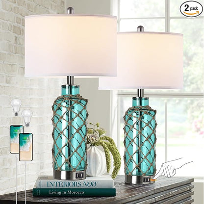 Cottage Nautical Accent Table Lamp Set of 2, Touch Control Coastal Blue Green by PARTPHONER