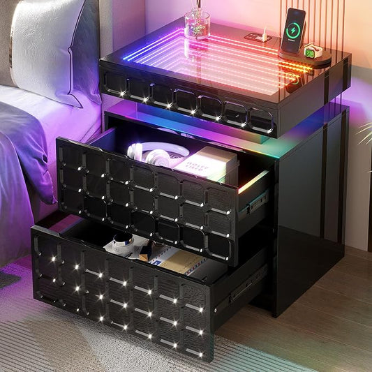 Night Stand with Charging Station and Smart RGB Lights, LED Nightstand with by VlsrkaFurniture
