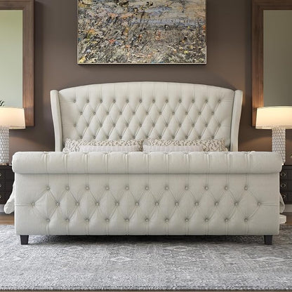 AMERLIFE California King Size Platform Bed Frame, Velvet Upholstered Sleigh Bed - Image 3