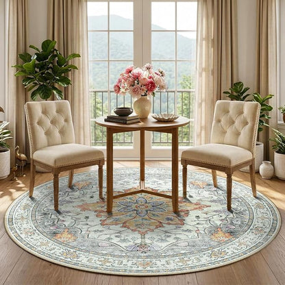RELEANY Area Rugs Round 5ft Washable Non-Slip, Floral Vintage Distress Print - Image 2