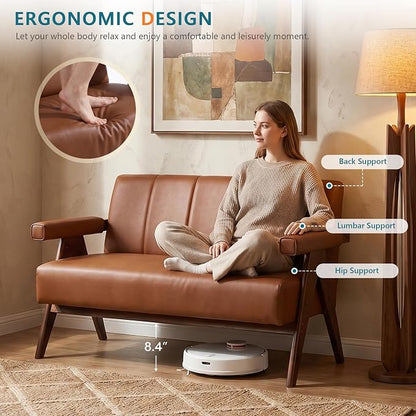 STHOUYN Brown Leather Loveseat Sofa and Accent Chairs Set of 2, Mid-Century - Image 5