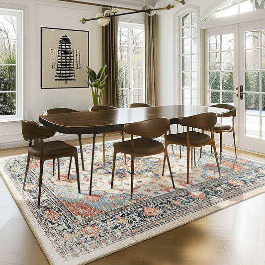 RELEANY Area Rugs 7'x9' Washable Non-Slip, Floral Vintage Distress Print by RELEANY