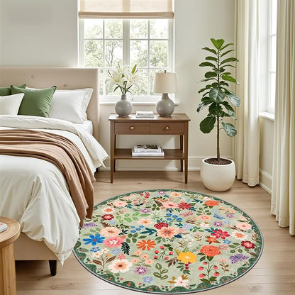 Round Area Rug for Living Room: 4 ft Floral Washable Circle Rug Soft Boho - Image 3