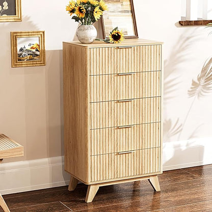 VINGLI Fluted Tall Dresser 5 Drawer, 23.66" W Chest of Drawers, Oak Wood Dresser - Image 9
