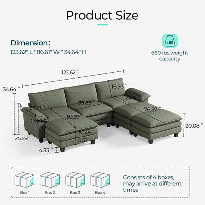 LINSY HOME 123" Modular Sectional Sofa, 3-Seat Corduroy Modern Cloud Couch - Image 2