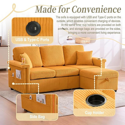 L-Shaped Sectional Sofa with Storage & Movable Ottoman, Corduroy 3 Seater - Image 6