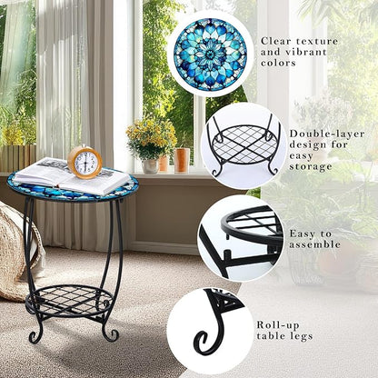 Cinnvoice Outdoor Side Table Round Small Mosaic Patio Accent Indoor End Plant - Image 4