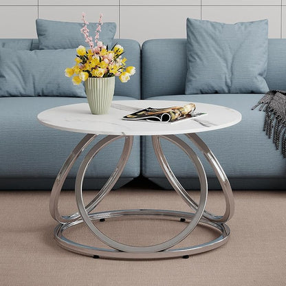 O&K FURNITURE Silver Coffee Table, Round Coffee Table Faux Marble Veins - Image 9