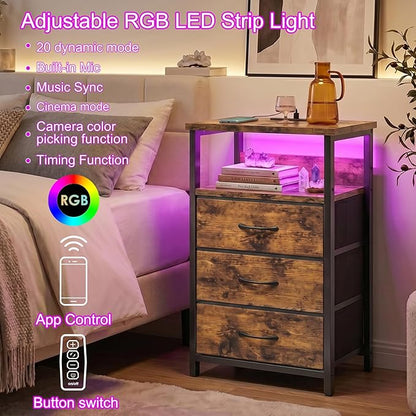 Fixwal Night Stand with Charging Station, LED Nightstand with Fabric Drawers - Image 4