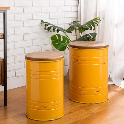 Glitzhome Rustic End Table Set of 2, Farmhouse Galvanized Metal Barrel Ottoman - Image 8