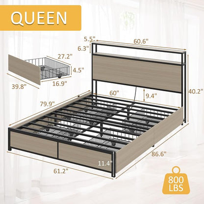 Lifezone Queen Bed Frame with 2-Tier Storage Headboard, Metal Platform Bed - Image 2