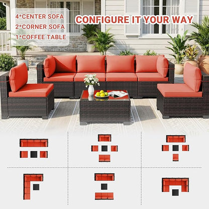LEVELEVE 7 Pieces Outdoor Patio Furniture Sets, Rattan Conversation Sectional - Image 3