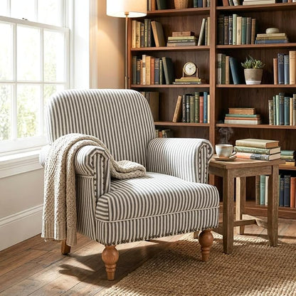 Black Striped Linen Fabric Accent Chairs Set of 2, Modern Farmhouse Upholstered - Image 7