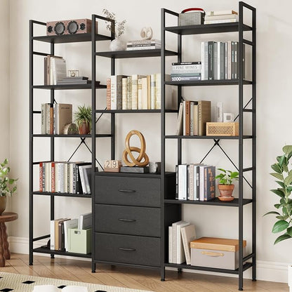 AFLUI Triple Bookshelf with 3 Fabric Drawers, 5-Tier Book Shelf and 10 Display by Unknown