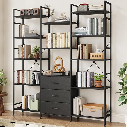 AFLUI Triple Bookshelf with 3 Fabric Drawers, 5-Tier Book Shelf and 10 Display by Unknown
