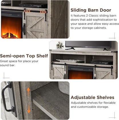 OKD Fireplace TV Stand for 65+ Inch TV, Rustic Media Console w/Sliding Barn - Image 3