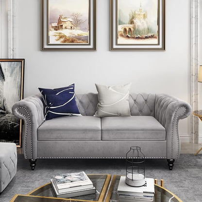 2 Piece Living Room Set, Velvet Chesterfield Sofa Loveseat Couch - Image 3