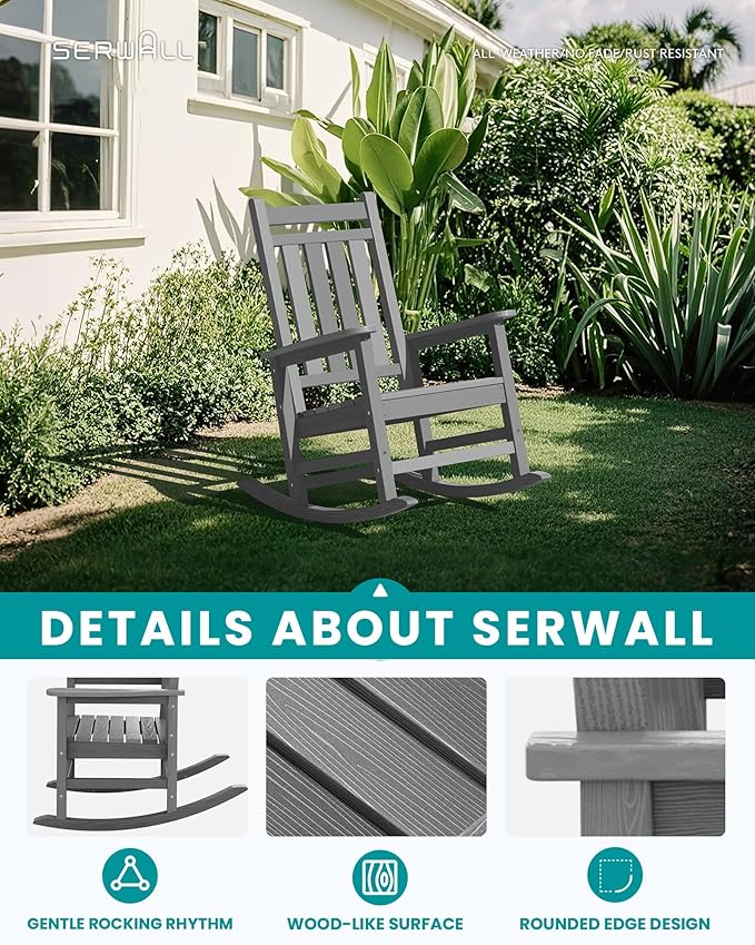 SERWALL Outdoor Rocking Chair, HDPE Rocking Chair - Image 5