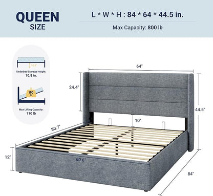 Allewie Queen Size Lift Up Storage Bed, Modern Wingback Headboard, Hydraulic - Image 2