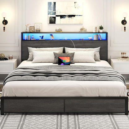 Lifezone King Bed Frame with 2-Tier Storage Headboard, Metal Platform Bed Frame - Image 5