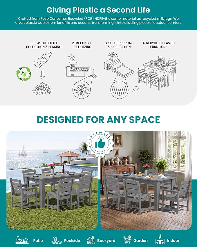 SERWALL HDPE Dining Set for 6: 1 Umbrella Hole Table, 4 Armless + 2 Armchairs. - Image 7