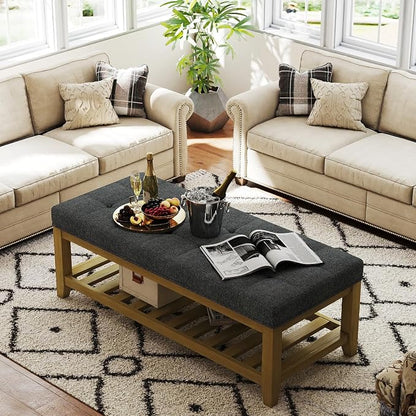 Befurtori Large Rectangular Upholstered Ottoman Bench, Linen Tufted Footrest - Image 4