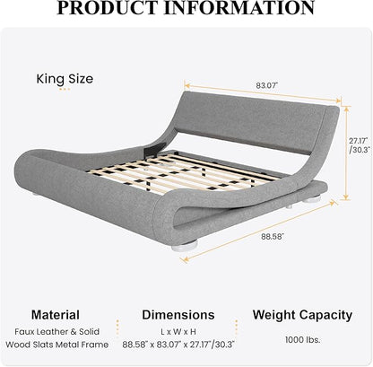 SHA CERLIN King Size Upholstered Bed Frame, Deluxe Low Profile Sleigh Bed - Image 2