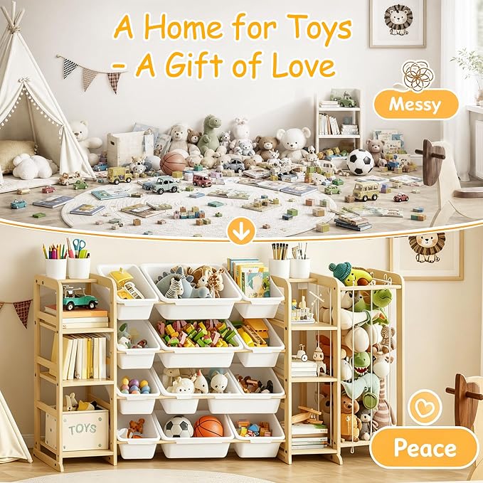 Toy Storage Shelf 3-in-1 Bookshelf & Stuffed Animal Storage & 12 Plastic Bins - Image 4