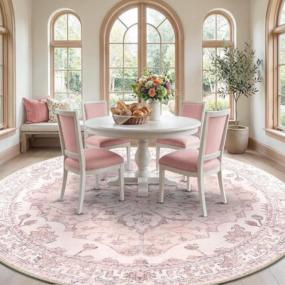 RELEANY Area Rugs Round 8ft Washable Non-Slip, Floral Vintage Distress Print - Image 3