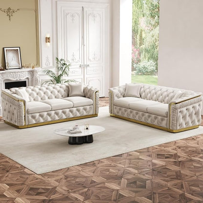 84.6" Luxury Chesterfield Sofa Velvet Tufted Sofa Black and Gold Couch - Image 7
