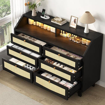 Rattan 6 Drawer Dresser with LED Lights & Power Outlet, Wide Rattan Dresser TV - Image 3