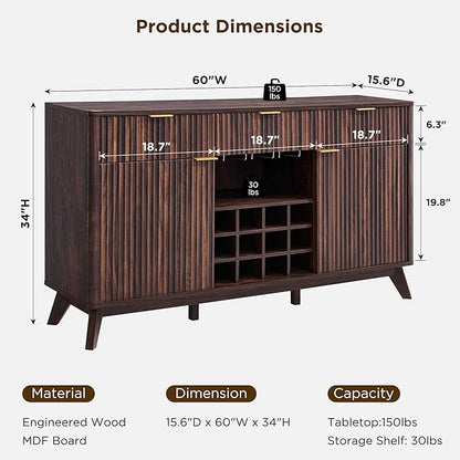 OKD Fluted Wine Bar Cabinet, 3 Drawers, 4 Glass Holders & 12 Wine Racks - Image 2