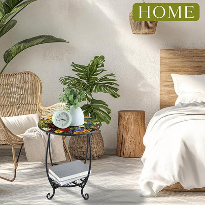 Cinnvoice Outdoor Side Table Round Small Mosaic Patio Accent Indoor End Plant - Image 6