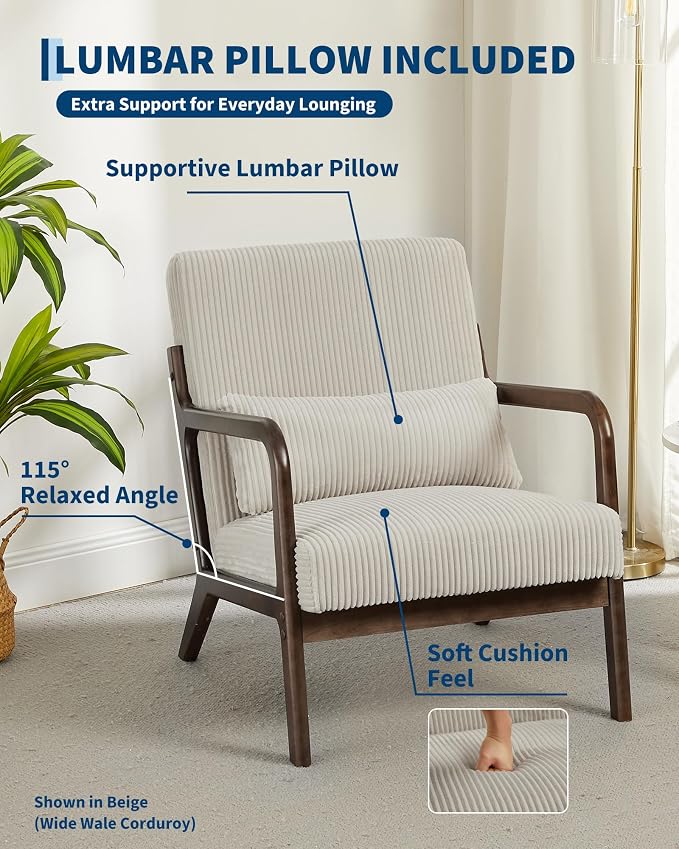 Garvee Mid-Century Modern Accent Chair, Fine Wale Corduroy Upholstery, Solid - Image 4