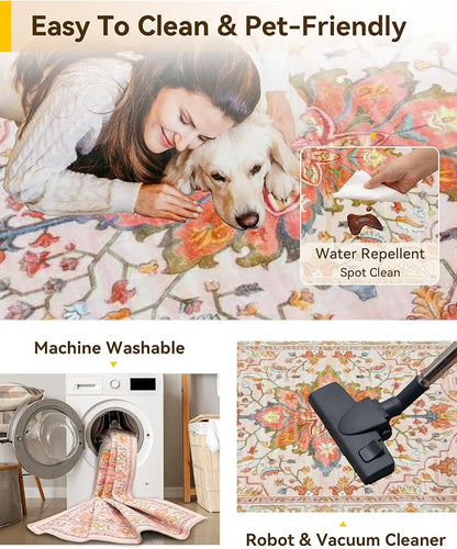 RELEANY Area Rugs Round 7ft Washable Non-Slip, Floral Vintage Distress Print - Image 3