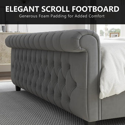 AMERLIFE King Size Platform Bed Frame, Velvet Upholstered Sleigh Bed - Image 5