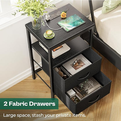 Huuger Nightstand with Charging Station, Side Table with 2 Fabric Drawers - Image 5