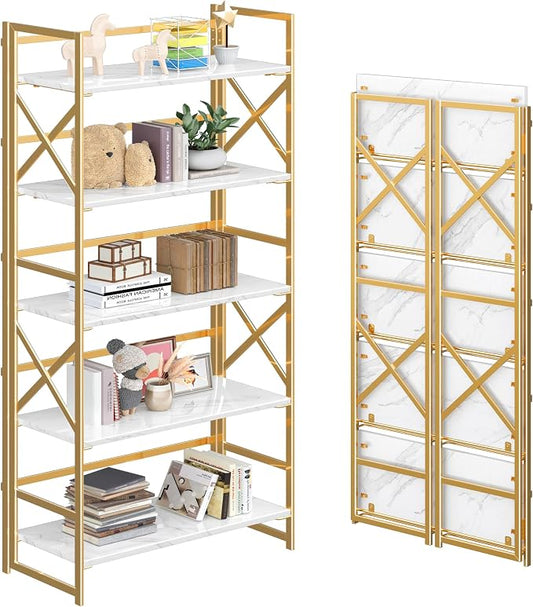 4NM 5 Tiers No Assembly Book Shelves, 51.2" H Folding Bookshelf Bookcase Open by 4NM
