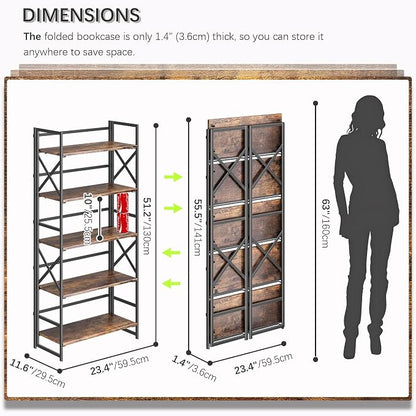 4NM 5 Tiers No Assembly Book Shelves, 51.2" H Folding Bookshelf Bookcase Open - Image 2